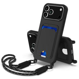  iPhone 17 Pro Skal Med Kortfack & Mobilsnöre Silikon Svart - Teknikhallen.se