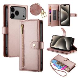  iPhone 17 Pro Max Fodral Multifunktionell Läder Roséguld - Teknikhallen.se
