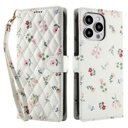  iPhone 16 Pro Max Fodral Rhombus Läder Blommor Vit - Teknikhallen.se