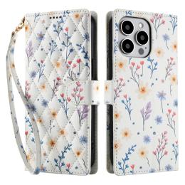  iPhone 16 Pro Max Fodral Rhombus Läder Blommor Vit - Teknikhallen.se
