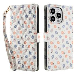  iPhone 16 Pro Max Fodral Rhombus Läder Blommor Vit - Teknikhallen.se
