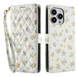  iPhone 16 Pro Max Fodral Rhombus Läder Blommor Vit - Teknikhallen.se