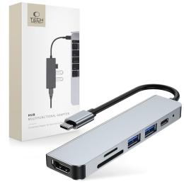 Tech-Protect Tech-Protect 6in1 USB-C Hub USB/USB-C/Minneskortläsare Grå - Teknikhallen.se