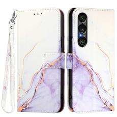  Sony Xperia 1 VII Fodral L&auml;der Marmor Vit / Lila - Teknikhallen.se