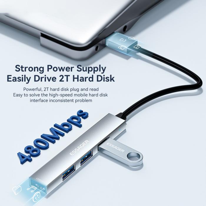 Bild 3, ESSAGER ESSAGER USB-A Hub 4x USB-A 2.0 Portar Aluminium Grå - Teknikhallen.se