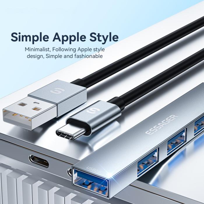 Bild 5, ESSAGER ESSAGER USB-A Hub 4x USB-A 2.0 Portar Aluminium Grå - Teknikhallen.se