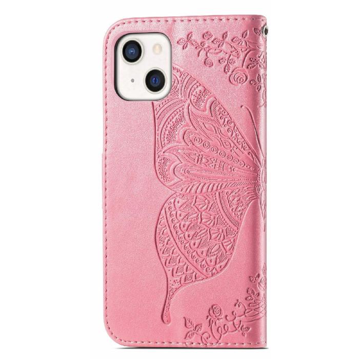Bild 3,  iPhone 13 Mini - Butterfly Tryckt Läder Fodral - Rosa - Teknikhallen.se
