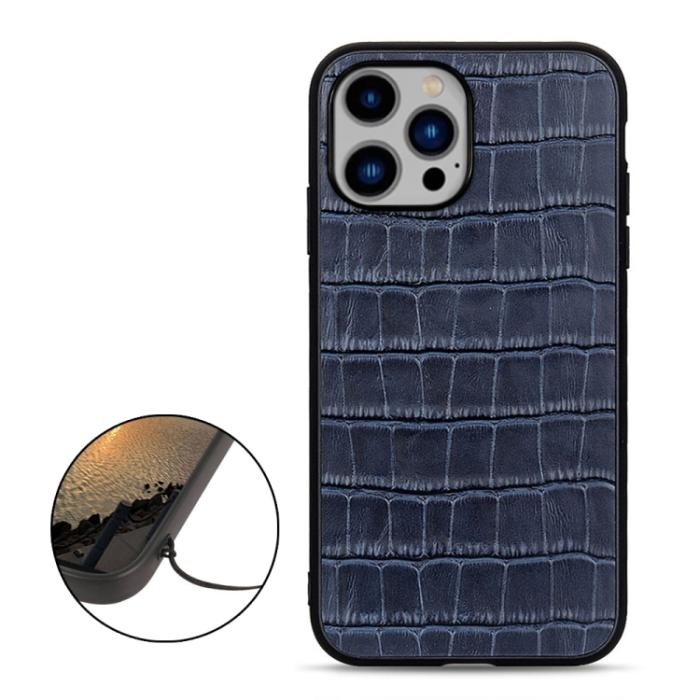 Bild 2,  iPhone 14 Plus Skal Äkta Läder Krokodil Textur Blå - Teknikhallen.se