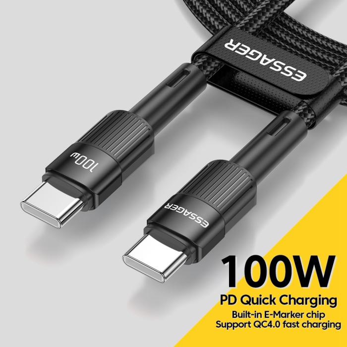 Bild 2, ESSAGER ESSAGER 3m 100W 5A PD USB-C - USB-C Laddningskabel Svart - Teknikhallen.se