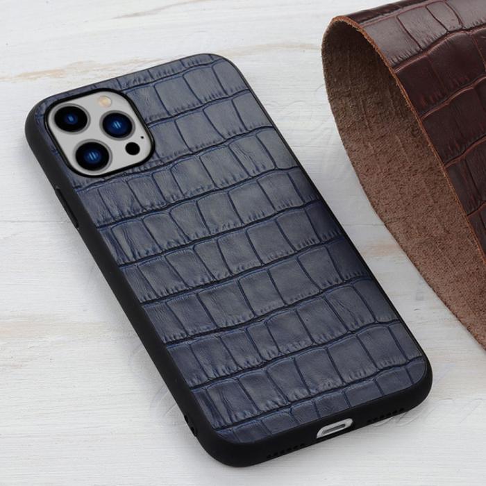 Bild 3,  iPhone 14 Plus Skal Äkta Läder Krokodil Textur Blå - Teknikhallen.se