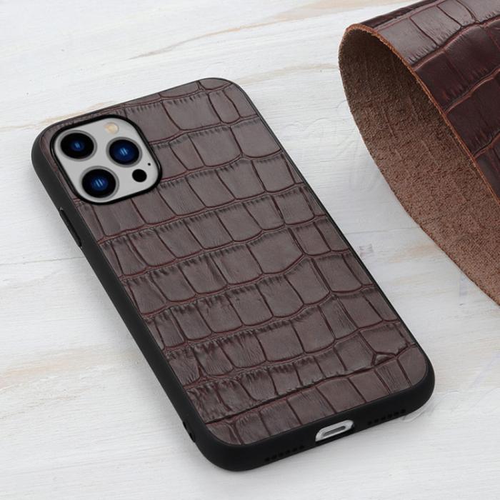 Bild 3,  iPhone 14 Plus Skal Äkta Läder Krokodil Textur Brun - Teknikhallen.se
