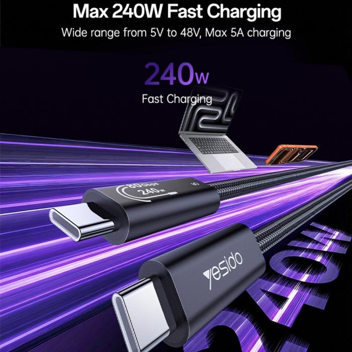 Bild 4, YESIDO YESIDO 1m Thunderbolt 5 Kabel USB-C - USB-C 240W Svart - Teknikhallen.se