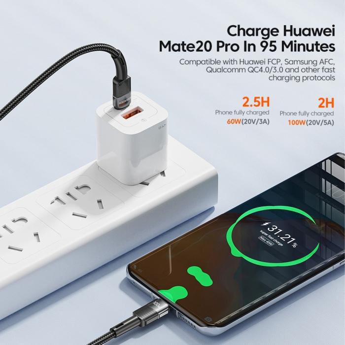 Bild 3, ESSAGER ESSAGER 1m 100W 5A PD USB-C - USB-C Laddningskabel Svart - Teknikhallen.se