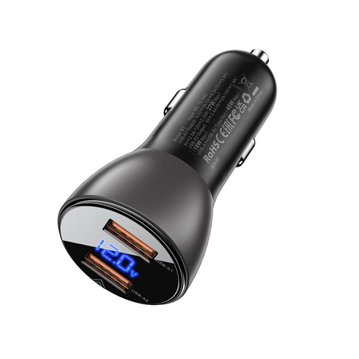 Bild 2, Acefast Acefast 45W Snabbladdare Billaddare 2x USB-A Svart - Teknikhallen.se