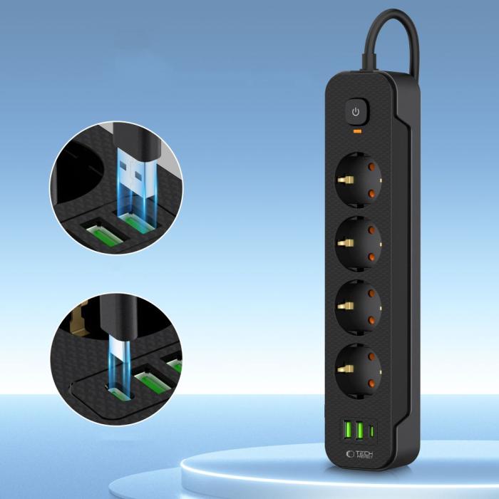 Bild 3, Tech-Protect Tech-Protect 2 m Förgreningsdosa Med USB-C/USB-A Svart - Teknikhallen.se