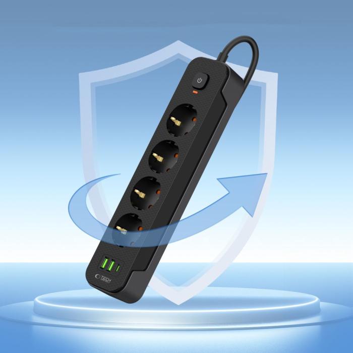 Bild 4, Tech-Protect Tech-Protect 2 m Förgreningsdosa Med USB-C/USB-A Svart - Teknikhallen.se