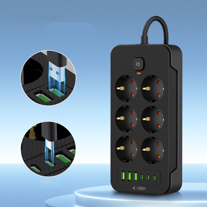 Bild 3, Tech-Protect Tech-Protect 2 m Förgreningsdosa Med USB-C/USB-A Svart - Teknikhallen.se