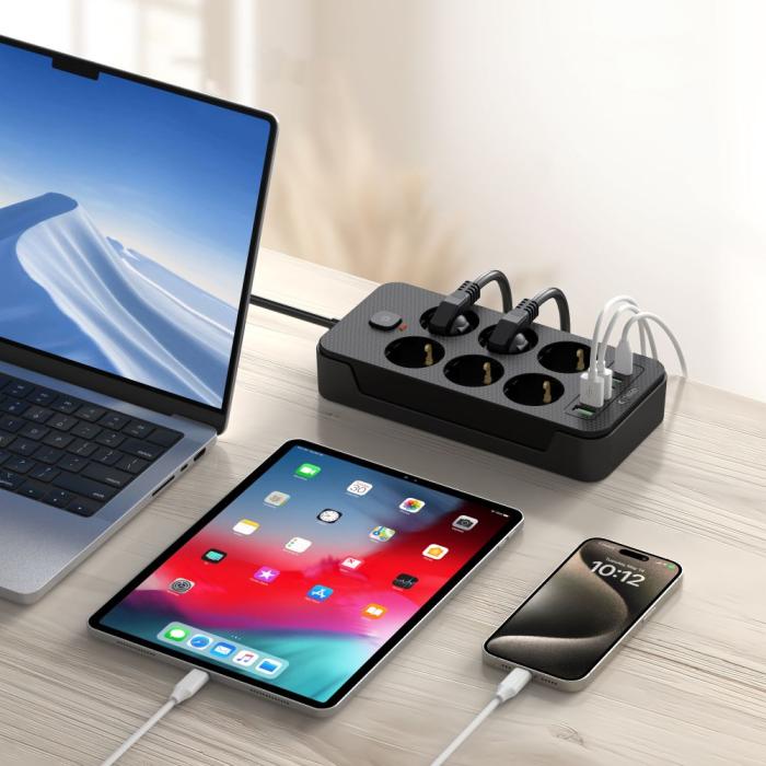 Bild 6, Tech-Protect Tech-Protect 2 m Förgreningsdosa Med USB-C/USB-A Svart - Teknikhallen.se