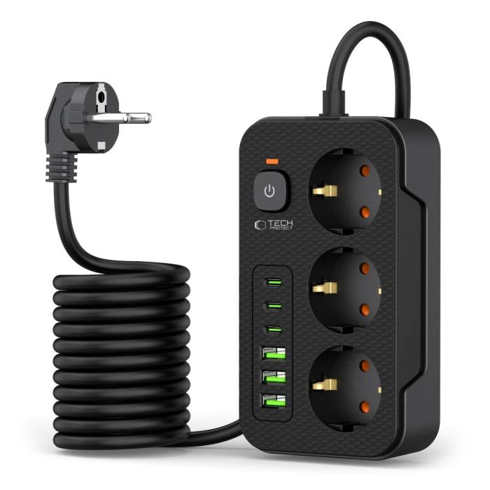 Bild 2, Tech-Protect Tech-Protect 2 m Förgreningsdosa Med USB-C/USB-A Svart - Teknikhallen.se
