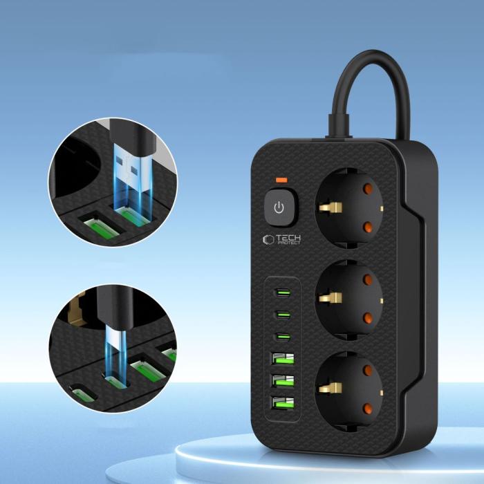 Bild 3, Tech-Protect Tech-Protect 2 m Förgreningsdosa Med USB-C/USB-A Svart - Teknikhallen.se