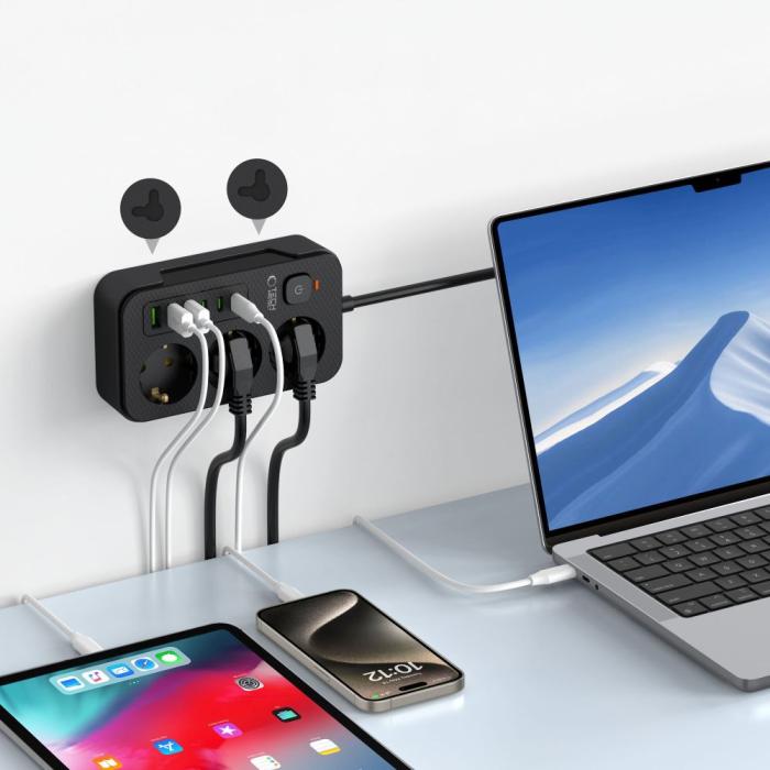Bild 5, Tech-Protect Tech-Protect 2 m Förgreningsdosa Med USB-C/USB-A Svart - Teknikhallen.se