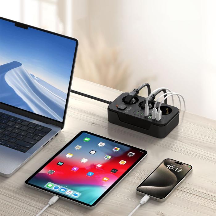 Bild 6, Tech-Protect Tech-Protect 2 m Förgreningsdosa Med USB-C/USB-A Svart - Teknikhallen.se