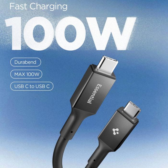 Bild 2, Spigen Spigen 2m 100W USB-C - USB-C Kabel Essential Svart - Teknikhallen.se