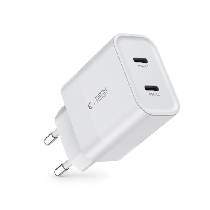 Bild 2, Tech-Protect Tech-Protect 20W PD 2x USB-C Väggladdare Vit - Teknikhallen.se