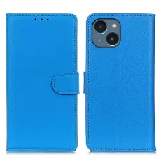  iPhone 15 Plus Fodral Litchi L&auml;der Bl&aring; - Teknikhallen.se