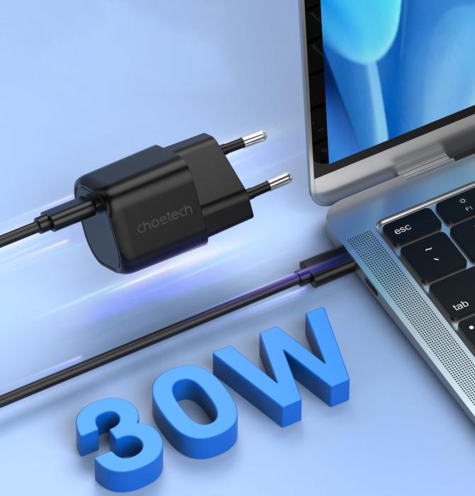 Bild 2, Choetech Choetech 30W GaN PD USB-C Väggladdare Svart - Teknikhallen.se