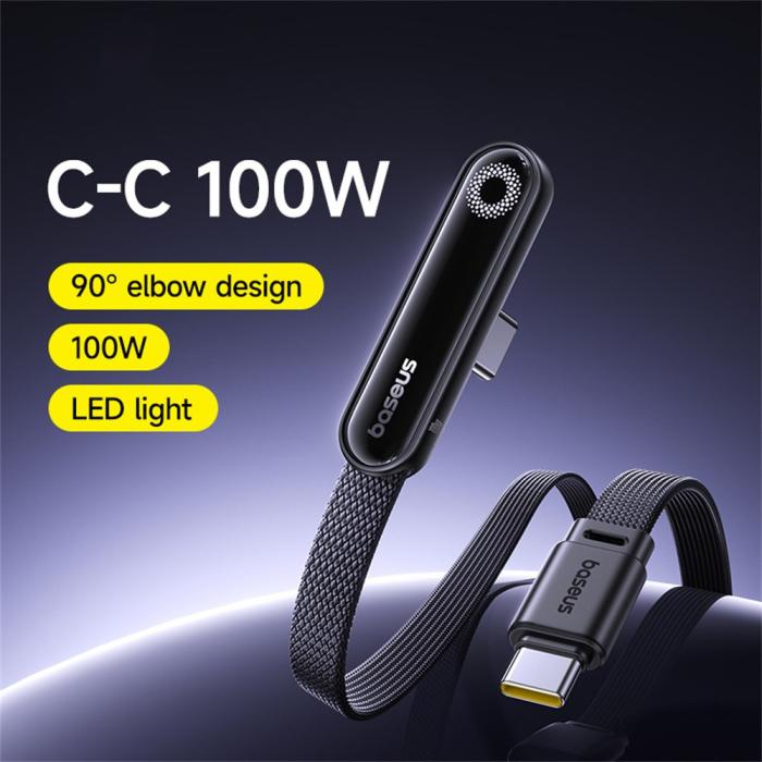 Bild 2, BASEUS Baseus 1m 100W USB-C - USB-C Elbow Kabel Svart - Teknikhallen.se