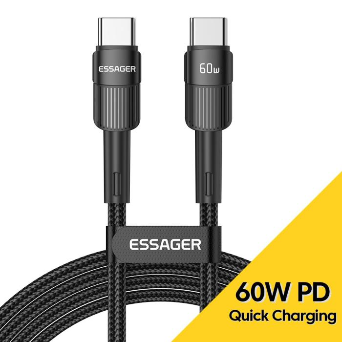 Bild 2, ESSAGER ESSAGER 2m 60W PD USB-C - USB-C Laddningskabel Svart - Teknikhallen.se