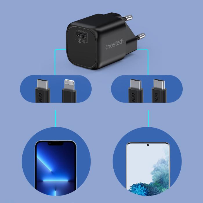 Bild 5, Choetech Choetech 30W GaN PD USB-C Väggladdare Svart - Teknikhallen.se