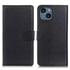  iPhone 15 Plus Fodral Litchi L&auml;der Svart - Teknikhallen.se