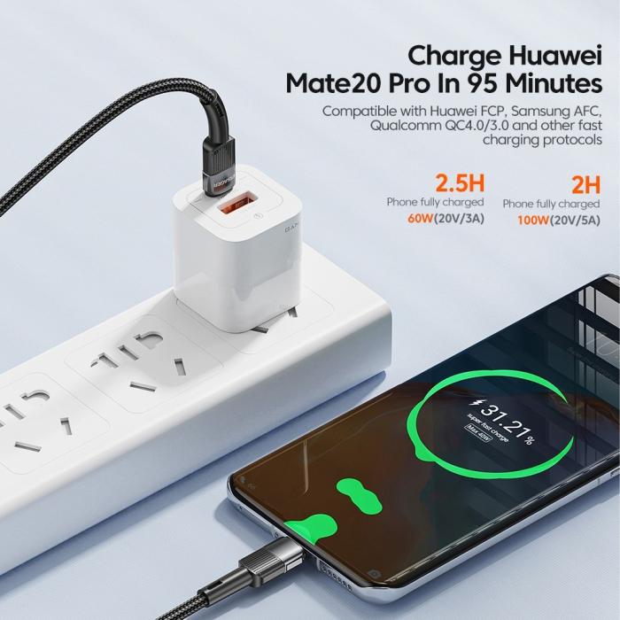 Bild 3, ESSAGER ESSAGER 2m 60W PD USB-C - USB-C Laddningskabel Svart - Teknikhallen.se