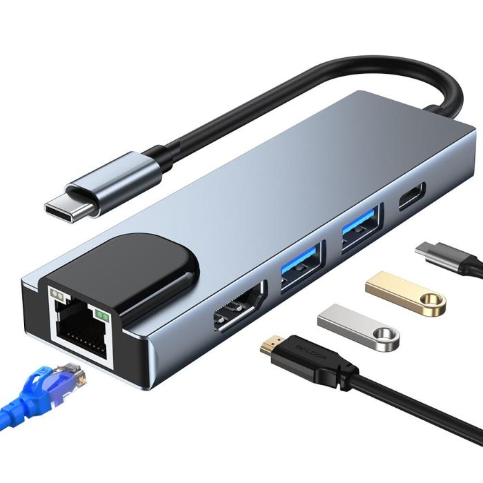 Bild 2, Tech-Protect Tech-Protect 5in1 USB-C Hub USB/HDMI/Ethernet/USB-C Grå - Teknikhallen.se