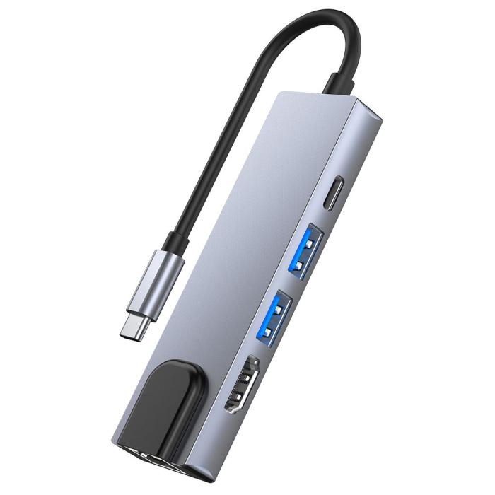 Bild 4, Tech-Protect Tech-Protect 5in1 USB-C Hub USB/HDMI/Ethernet/USB-C Grå - Teknikhallen.se