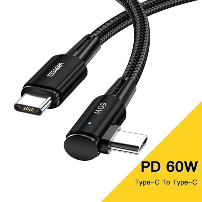 Bild 2, ESSAGER ESSAGER 2m 60W PD USB-C - USB-C Elbow Laddningskabel Svart - Teknikhallen.se