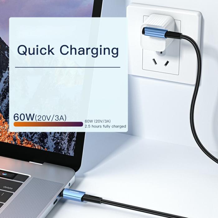 Bild 3, ESSAGER ESSAGER 2m 60W PD USB-C - USB-C Elbow Laddningskabel Svart - Teknikhallen.se
