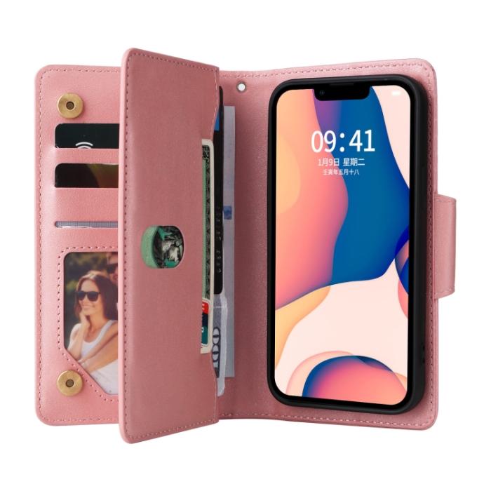 Bild 4,  iPhone 14 Fodral 9-kort Multifunktionell Läder Roséguld - Teknikhallen.se