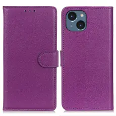  iPhone 15 Plus Fodral Litchi L&auml;der Lila - Teknikhallen.se