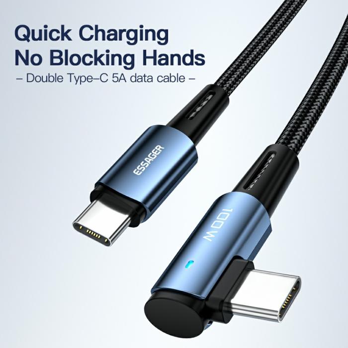 Bild 2, ESSAGER ESSAGER 2m 100W PD USB-C - USB-C Elbow Laddningskabel Svart - Teknikhallen.se