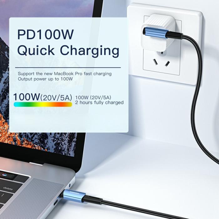 Bild 3, ESSAGER ESSAGER 2m 100W PD USB-C - USB-C Elbow Laddningskabel Svart - Teknikhallen.se