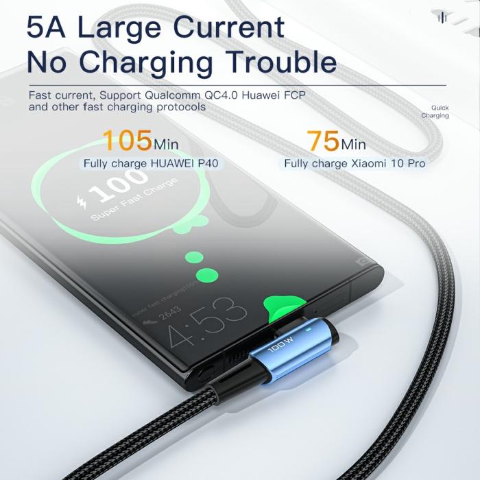 Bild 4, ESSAGER ESSAGER 2m 100W PD USB-C - USB-C Elbow Laddningskabel Svart - Teknikhallen.se