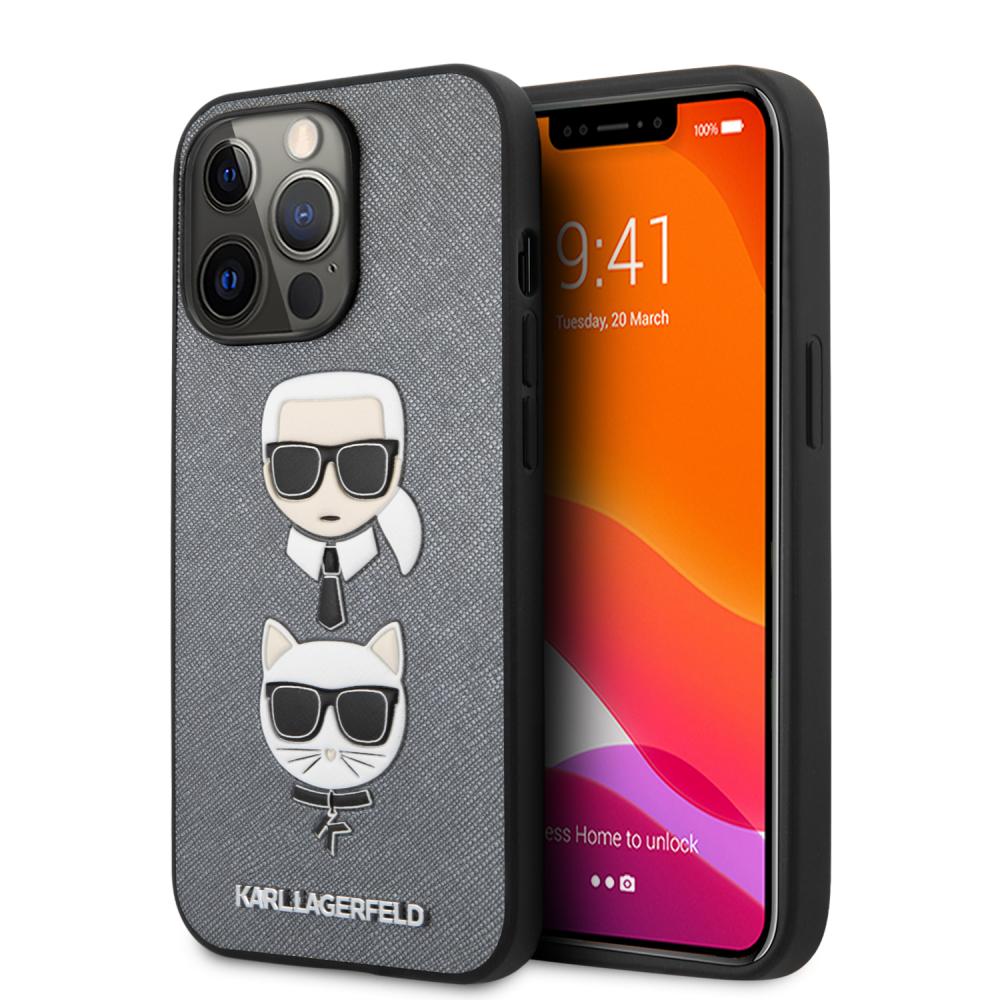 Karl Lagerfeld Karl Lagerfeld iPhone 13 Pro Max Skal Karl & Choupette PU Saffiano Silver/Grå - Teknikhallen.se