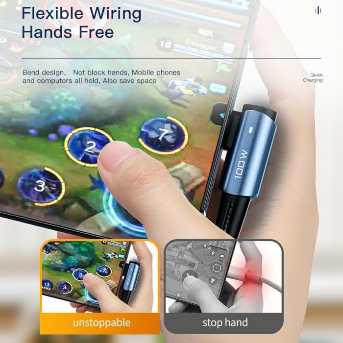Bild 6, ESSAGER ESSAGER 2m 100W PD USB-C - USB-C Elbow Laddningskabel Svart - Teknikhallen.se