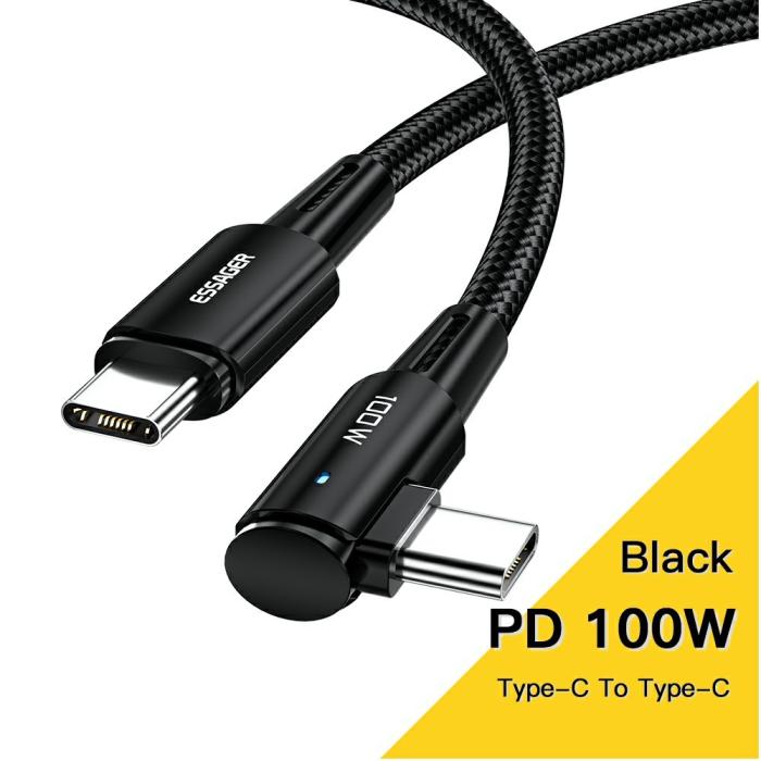 Bild 2, ESSAGER ESSAGER 3m 100W PD USB-C - USB-C Elbow Laddningskabel Svart - Teknikhallen.se