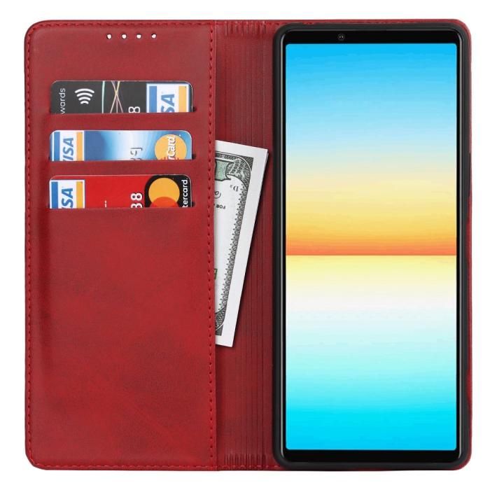 Bild 2,  Sony Xperia 10 IV Fodral Flip Läder Röd - Teknikhallen.se
