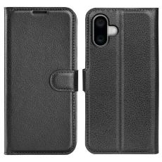  iPhone 16 Plus Fodral Litchi L&auml;der Svart - Teknikhallen.se