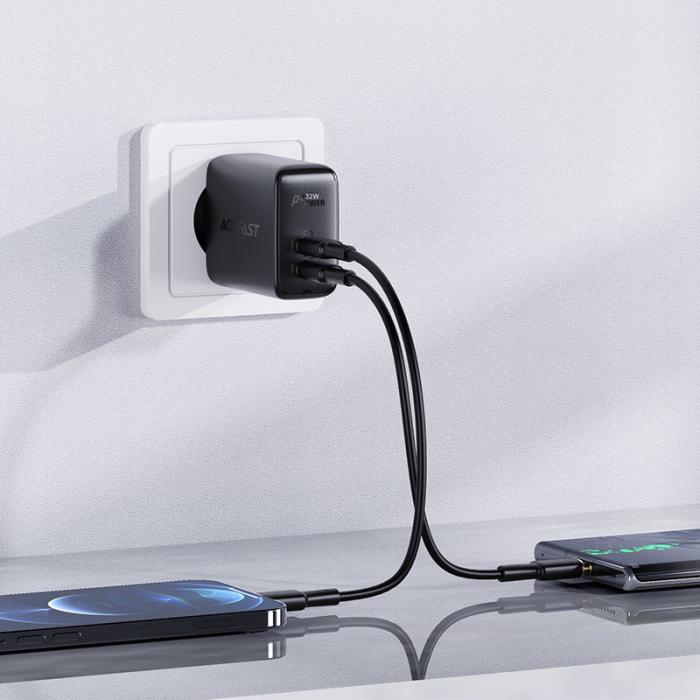 Bild 4, Acefast Acefast 32W PD PPS QC USB-C / USB-A Väggladdare Svart - Teknikhallen.se